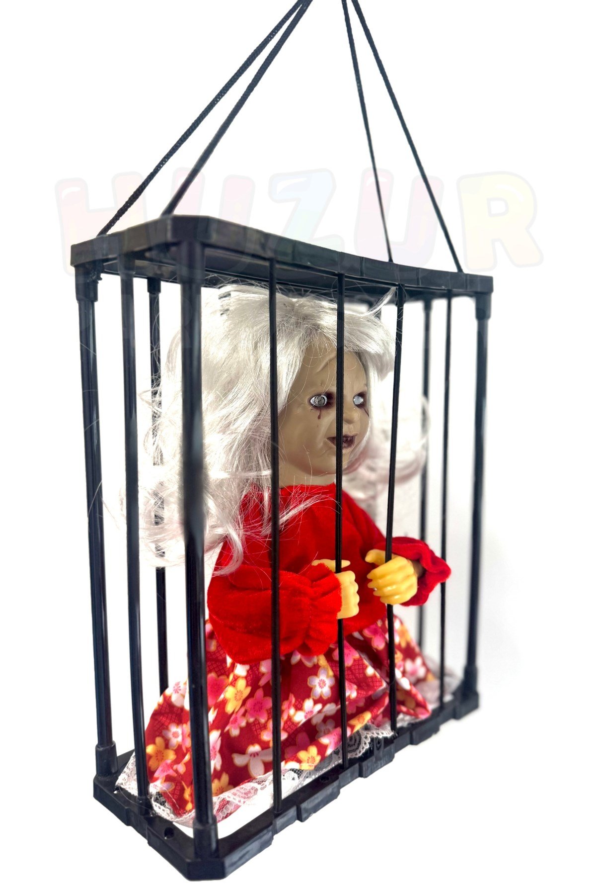 Yaşlı Kız Hareketli Sese Duyarlı Kafes İçinde Işıklı 40x24 Cm Pilli Cadılar Bayramı Halloween Dekor