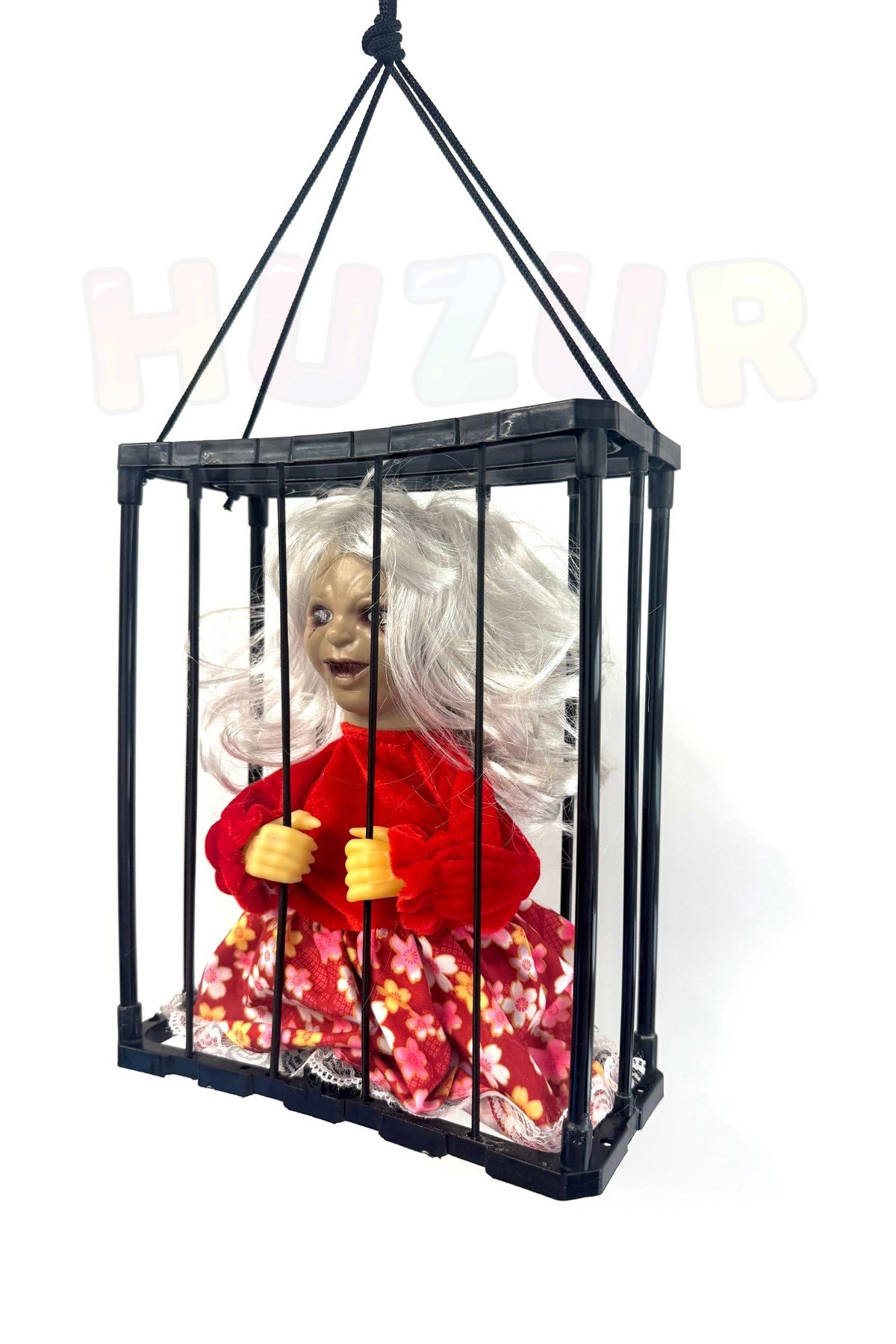Yaşlı Kız Hareketli Sese Duyarlı Kafes İçinde Işıklı 40x24 Cm Pilli Cadılar Bayramı Halloween Dekor