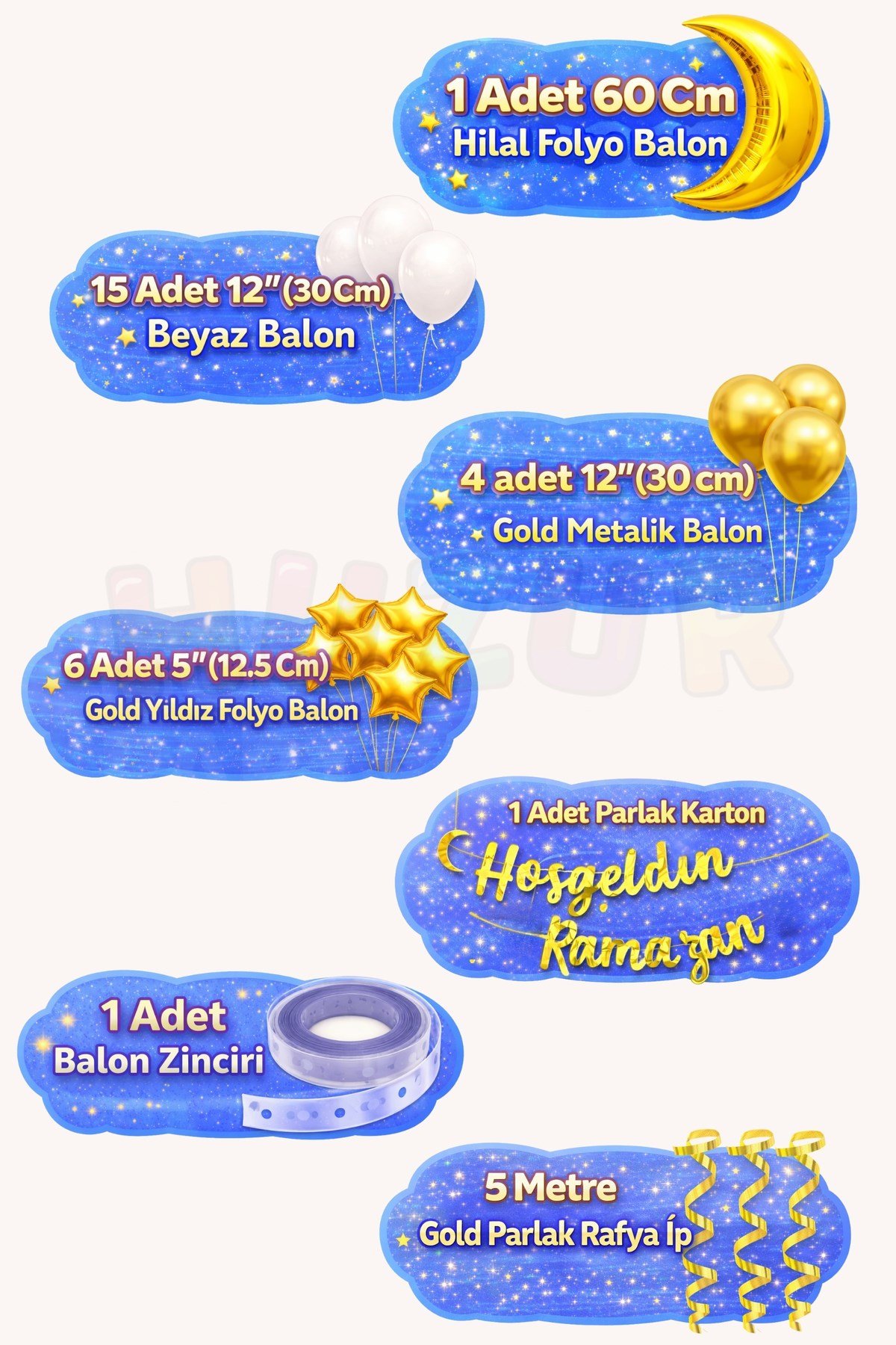 Yeni Sezon 2026 Hoşgeldin Ramazan Bayramı Ayı Balon Süsleme Seti 29 Parça Süs Bulut Gökyüzü Gold Süs