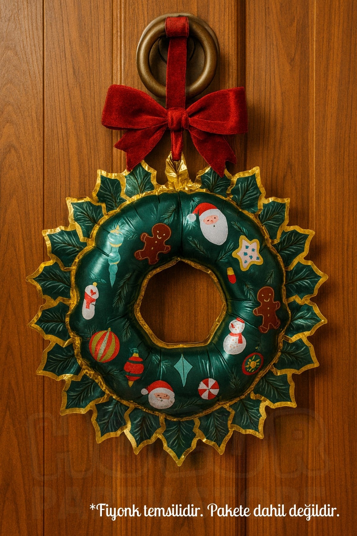 Yeşil Kapı Süsü Yılbaşı Folyo Balon 80x67 Cm Gold Çerçeveli Noel Yeni Yıl Figürleri Baskılı Süs