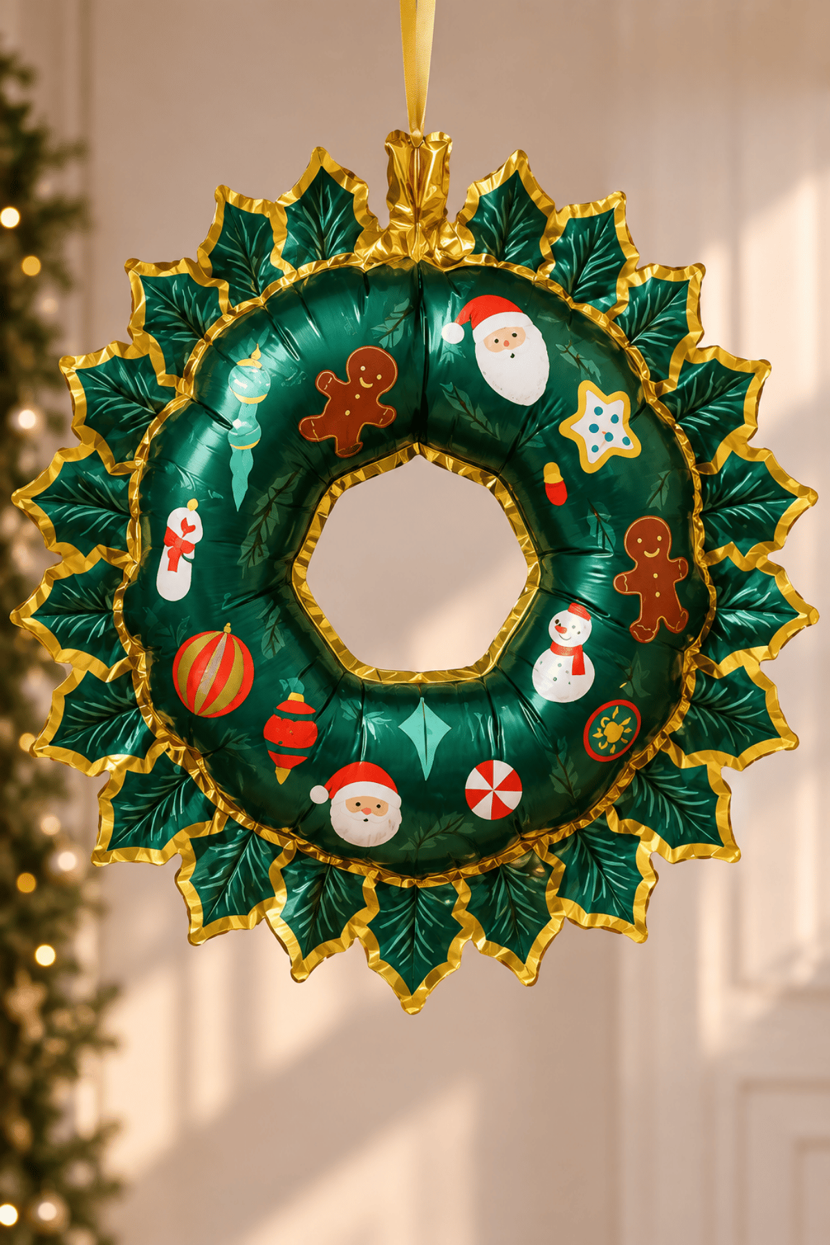 Yeşil Kapı Süsü Yılbaşı Folyo Balon 80x67 Cm Gold Çerçeveli Noel Yeni Yıl Figürleri Baskılı Süs