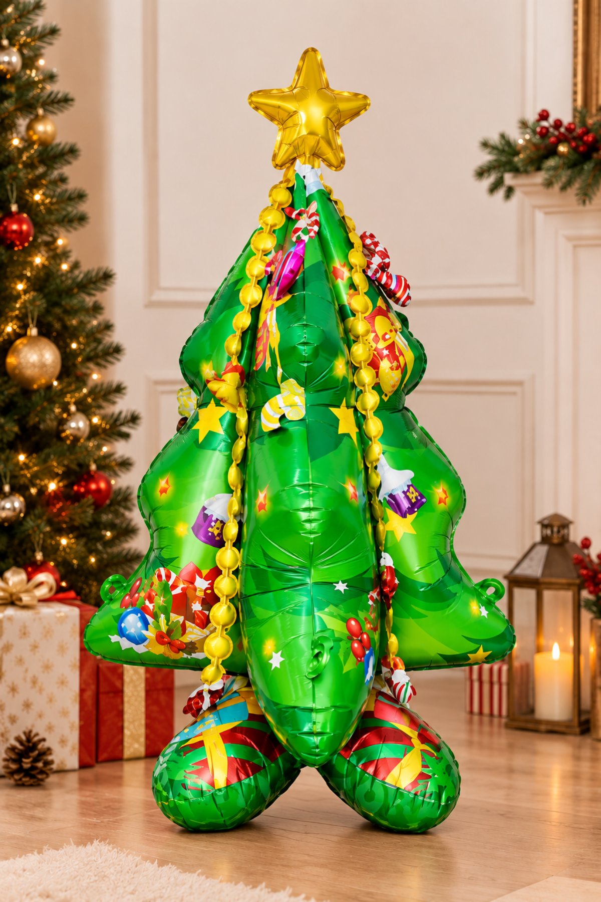 Yılbaşı Ağacı Şeklinde Süslü Folyo Balon Dev Boy Ayaklı Çam Ağacı Balon 145x105 Cm Yeni Yıl Süsü