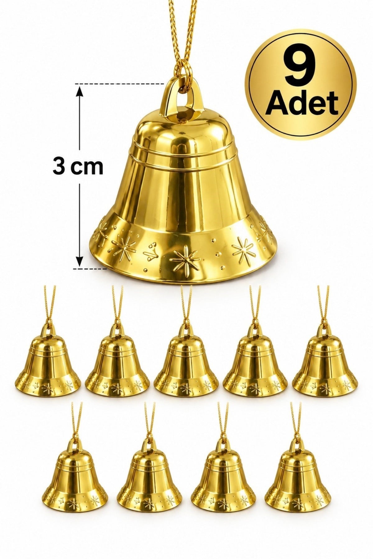 Yılbaşı Çam Ağacı Çan Süs Gold İpli 9lu 3 Cm Yeni Yıl Ağaç Süsü Gold Altın Sarısı Renk Zil Parlak