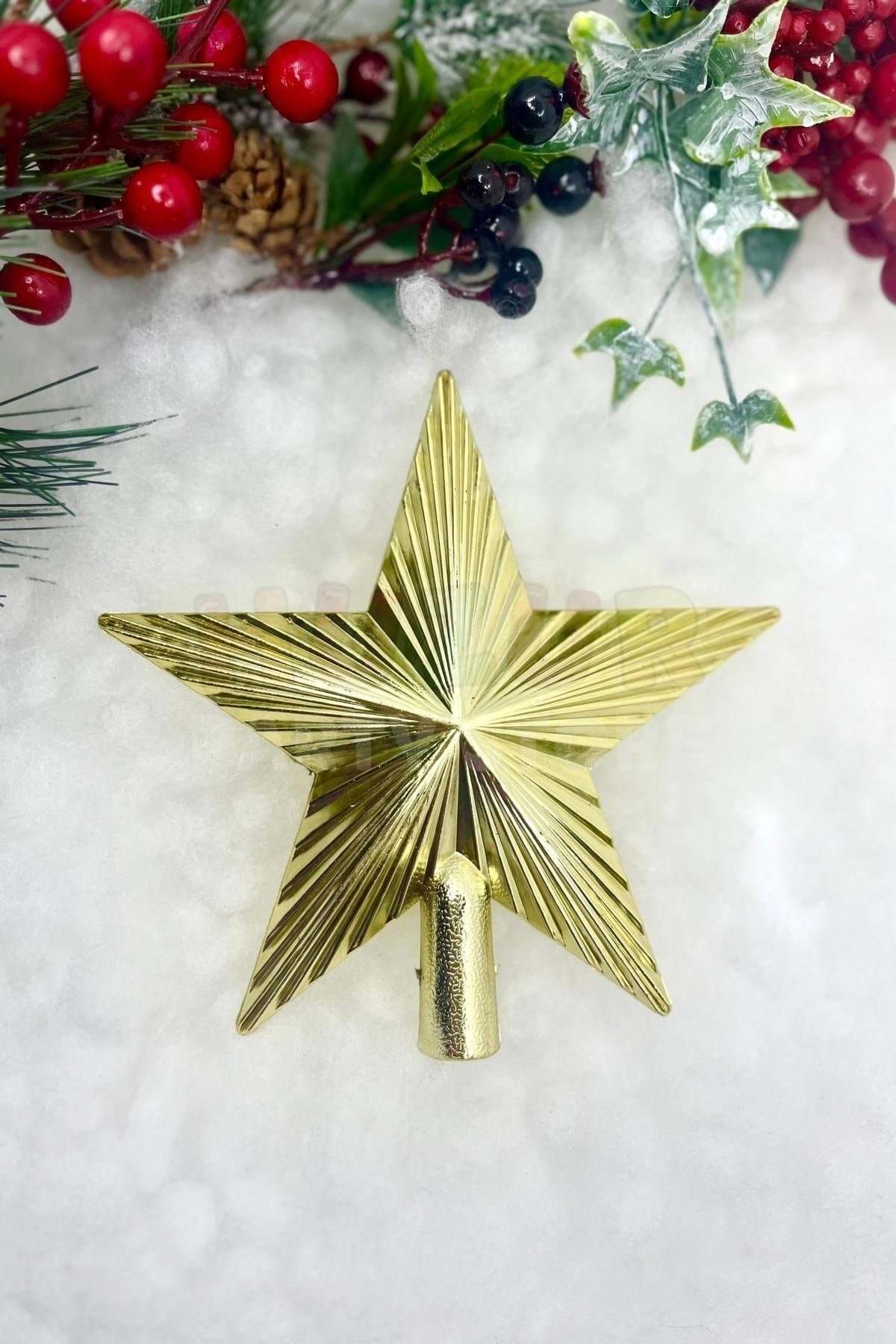 Yılbaşı Çam Ağacı Tepeliği Gold Renk Parlak 15x15 Cm Altın Sarısı Yeni Yıl Sert Yıldız Tepelik