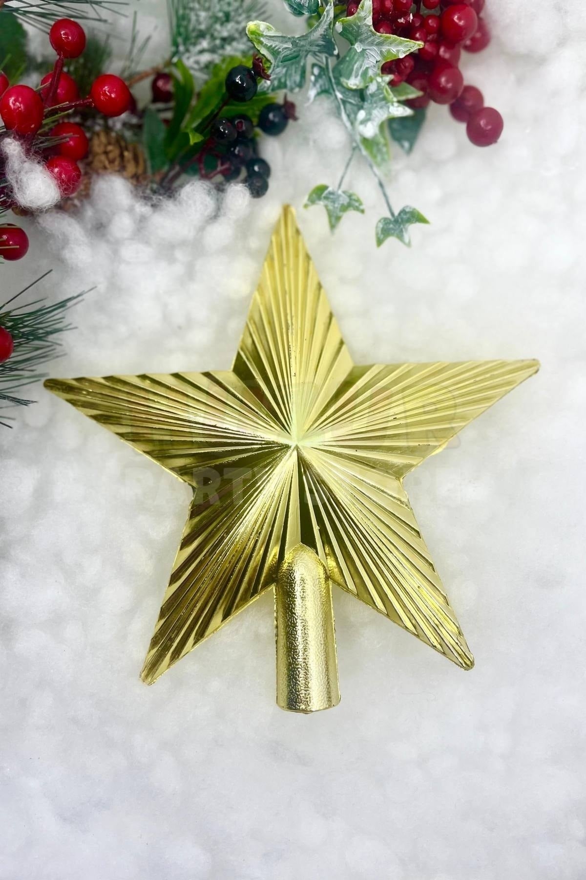 Yılbaşı Çam Ağacı Tepeliği Gold Renk Parlak 20x20 Cm Altın Sarısı Yeni Yıl Sert Yıldız Tepelik