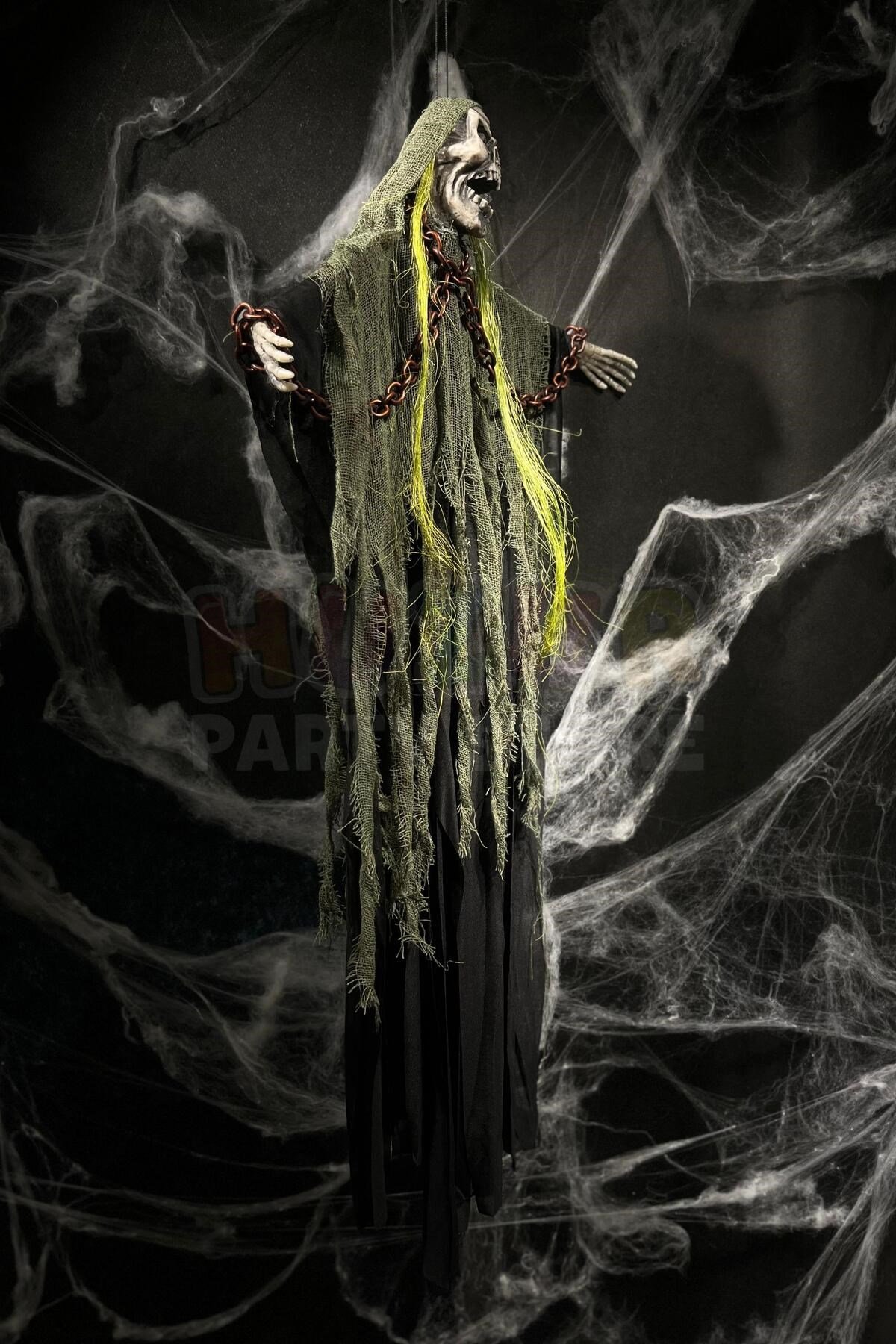 Zincir Detaylı Yeşil Cadı 110 Cm Pilli Sese Duyarlı Işıklı Halloween Cadılar Bayramı Parti Dekoru