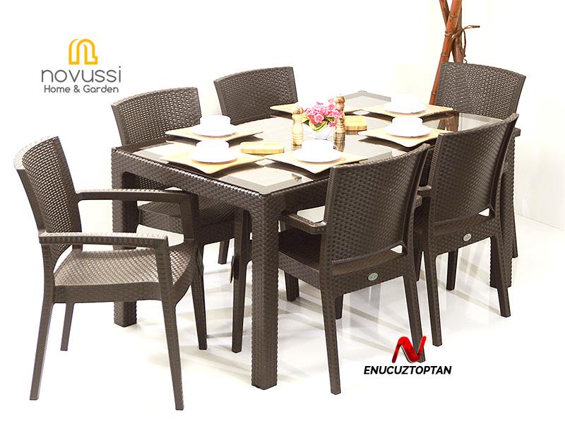 Novussi Liverno Set Rattan Camlı 90x150 Masa + 6 Adet Paris Koltuk Sandalye Koyu Kahverengi | ID1266