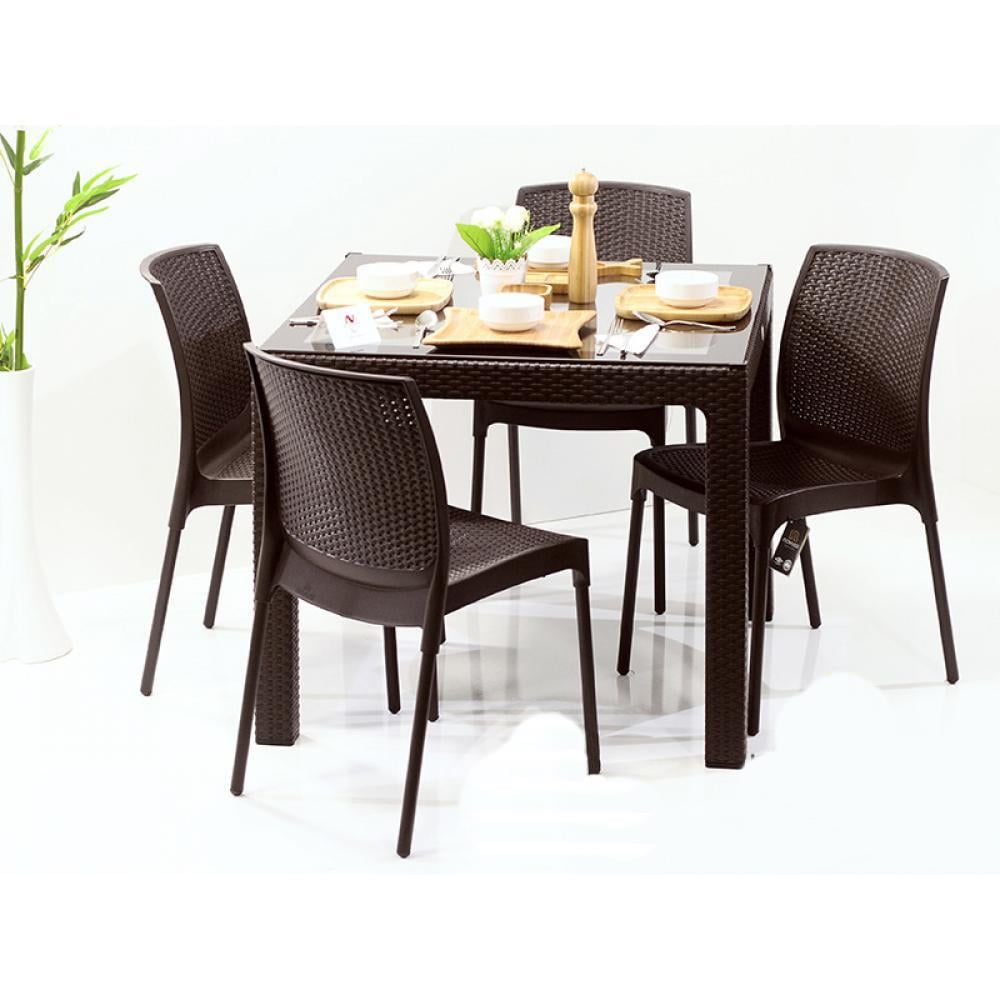 Novussi Rattan Camlı Kare Masa + 4 Adet Sunny Sandalye | ID1237