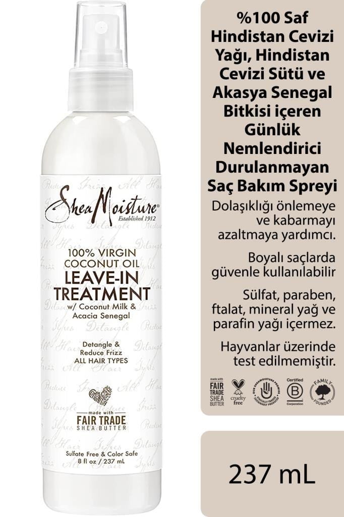 Shea Moisture %100 Saf Hindistan Cevizi Yağlı Günlük Nemlendirici Durulanmayan Saç Bakım Spreyi 237ML