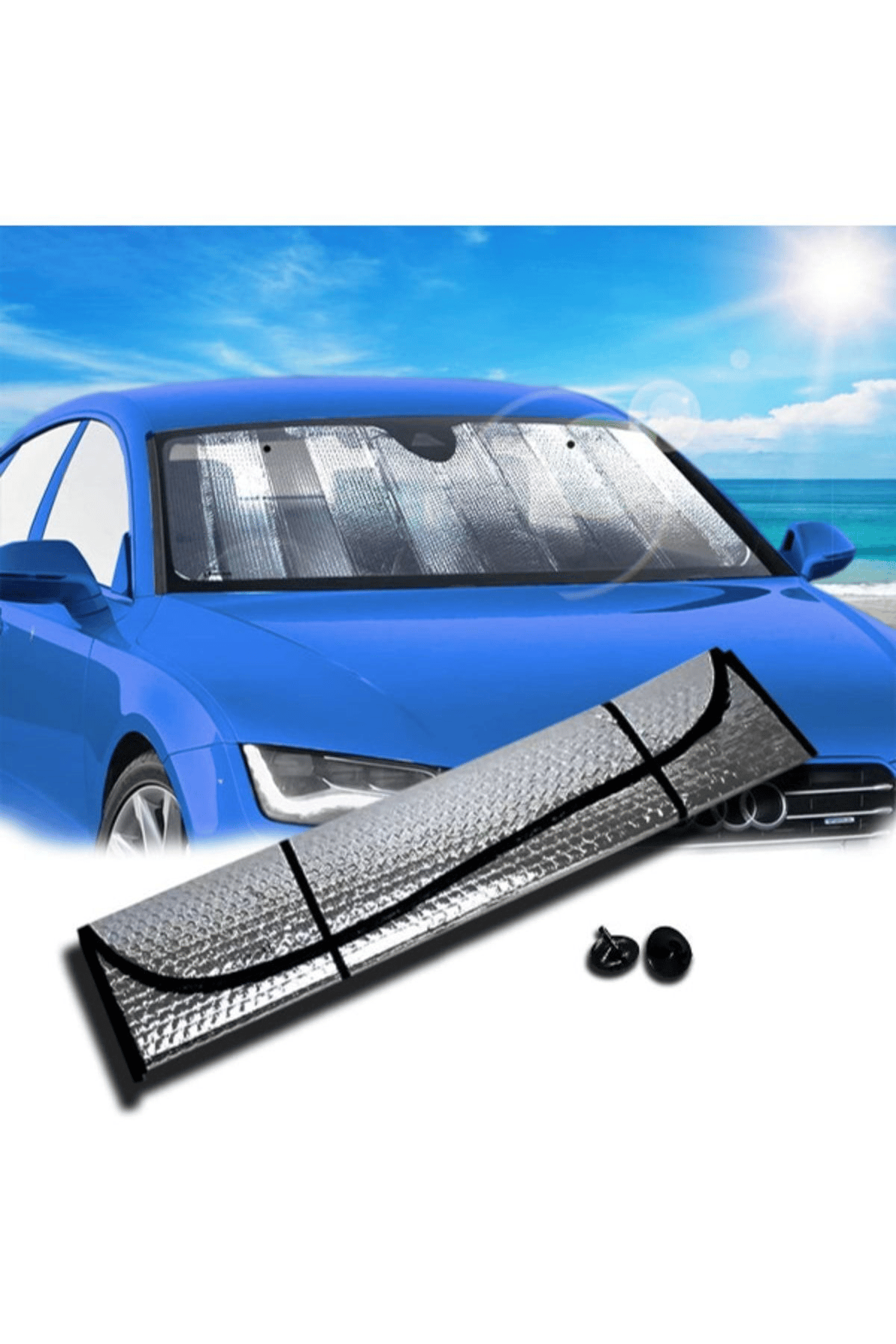 Araba Ön Cam Güneşliği Balonlu Metalize Parlak Alüminyum Katlanabilir Oto Güneşlik (130X60CM)