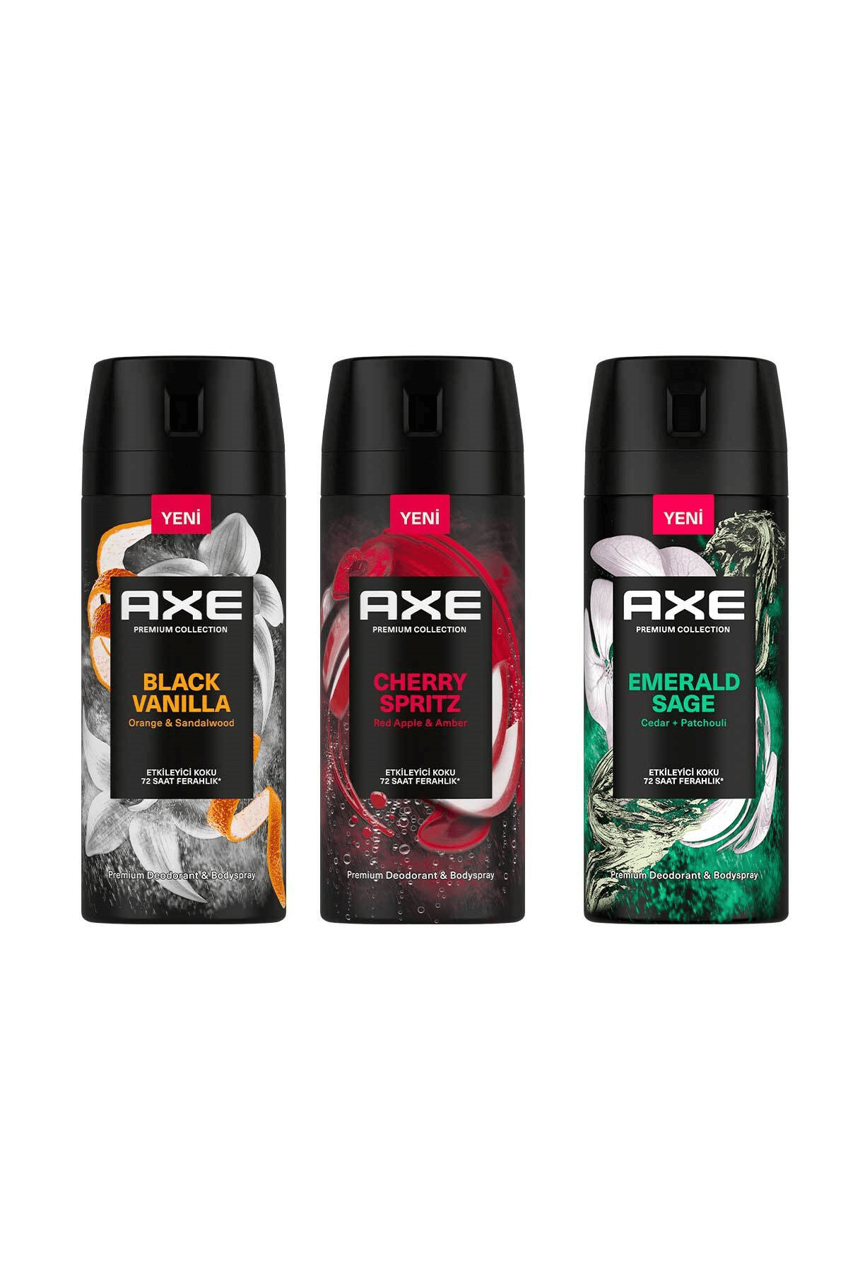 Axe Erkek Sprey Deodorant 3'lü Set :Cherry Spritz 150 ml+ Black Vanilla 150 ml+ Emerald Sage 150 ml