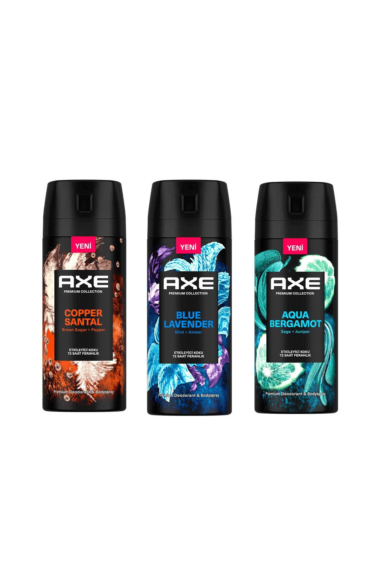 Axe Premium Collection Erkek Sprey Deodorant Seti: Copper Santal 150 ml + Blue Lavender 150 ml + Aqua Bergomat 150 ml