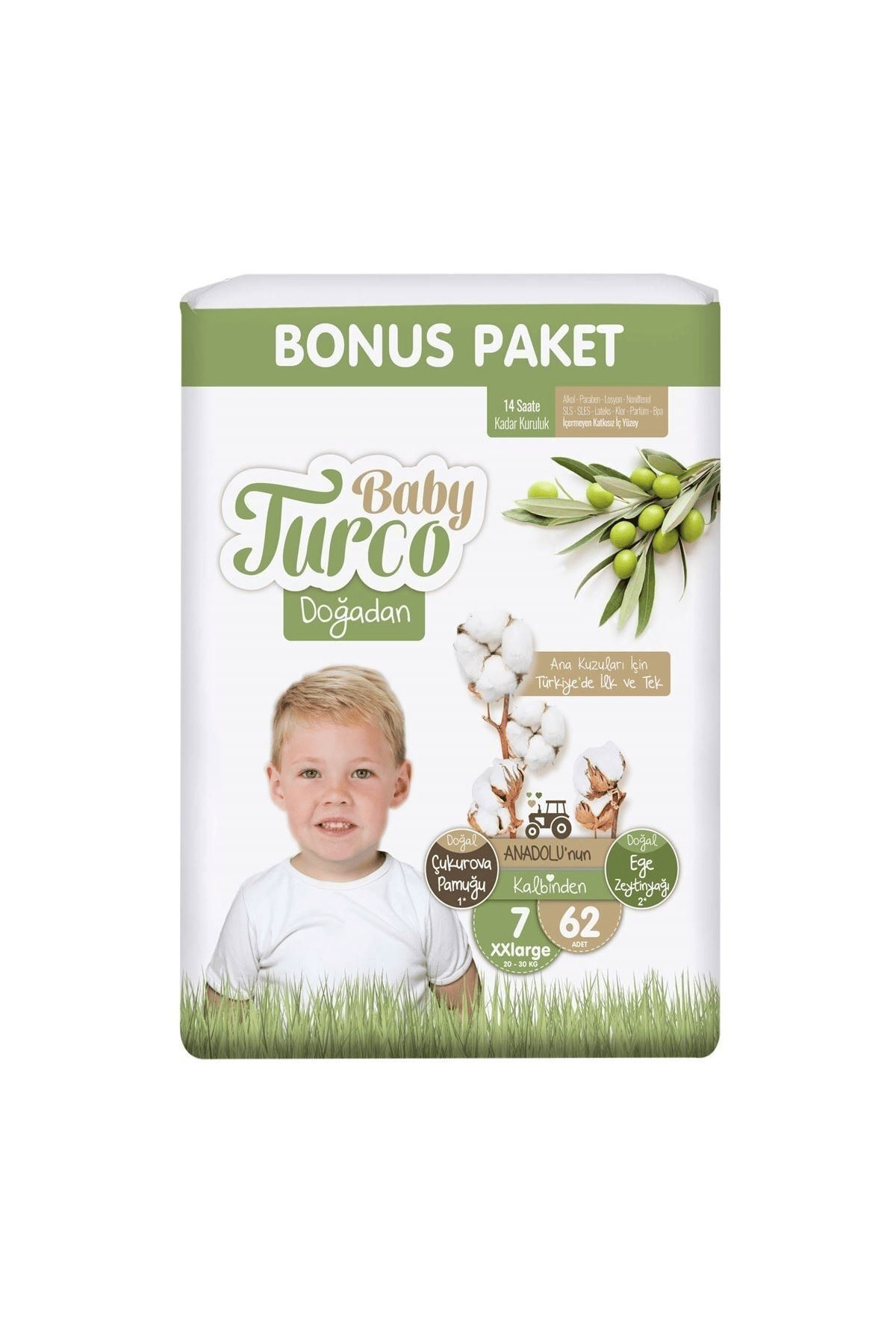 Baby Turco Doğadan Bonus XXL 7 Numara  (15 kg ve üzeri) Bebek Bezi 62 Adet Baby Turco Doğadan Bonus XXL 7 Numara Bebek Bezi,