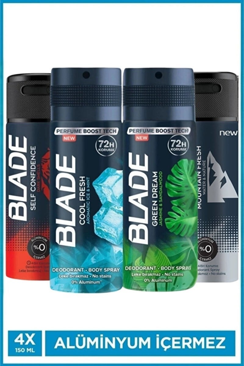 Blade Erkek Deodorant 4'lü Set Cool 1x Mountain 1x Self Confidence 1x Green Dream 1x 