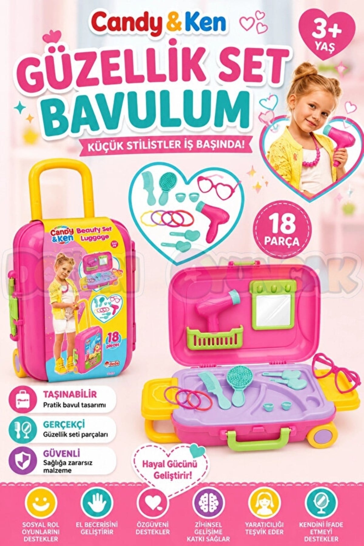 Candy & Ken Kız Çocuk Valizli Bavullu Güzellik Seti Bavul Valiz Oyuncak Bavulum Valizim Set Dede 1