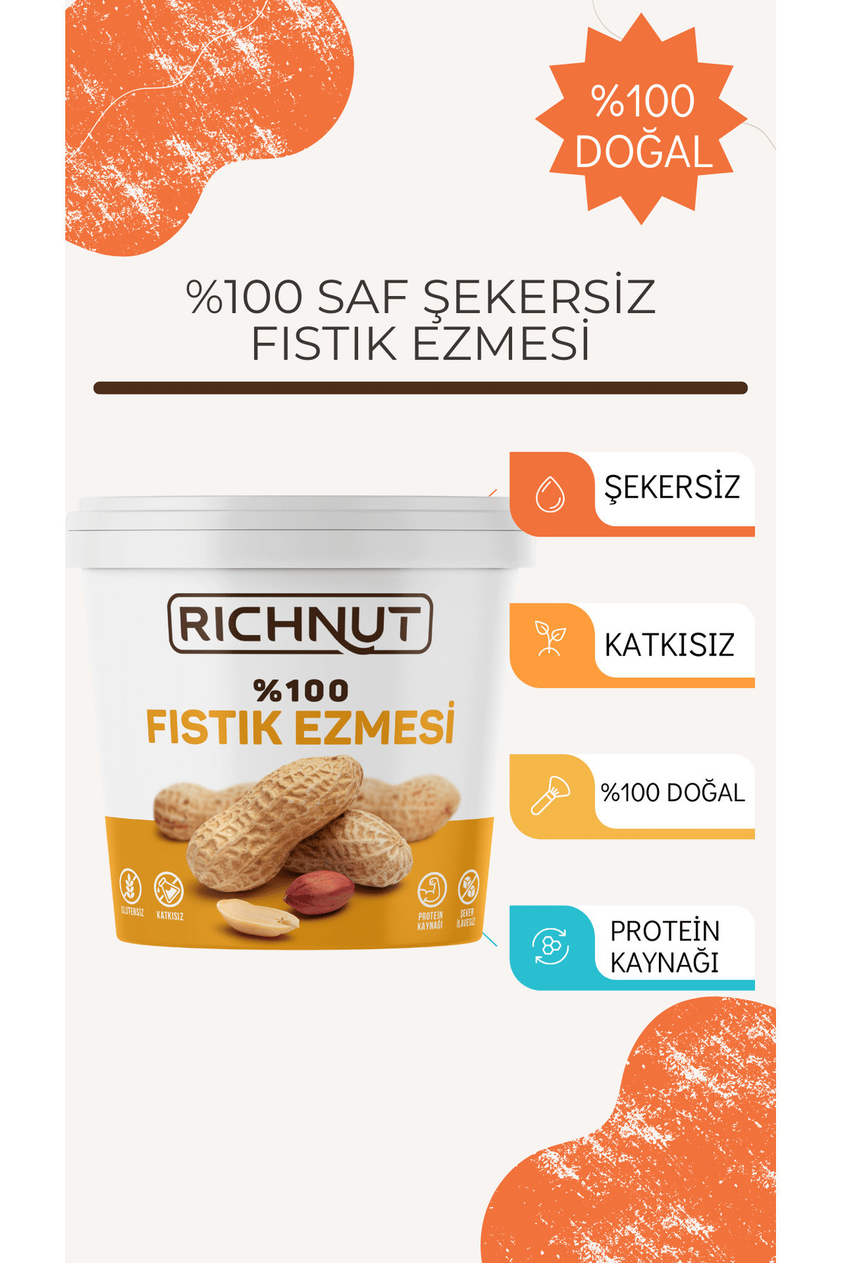 Deva Çiftliği Richnut Şekersiz %100 Saf Doğal Fıstık Ezmesi 1 Kg