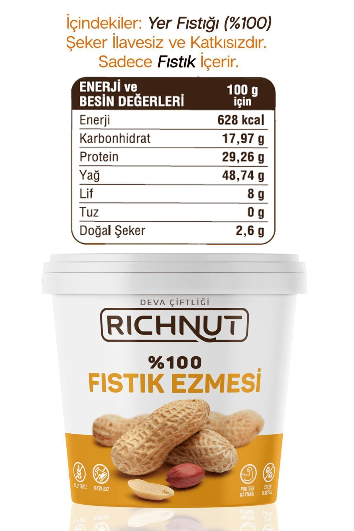Deva Çiftliği Richnut Şekersiz %100 Saf Doğal Fıstık Ezmesi 1 Kg