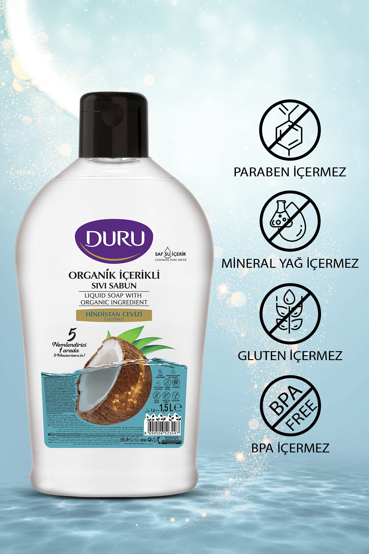 Duru Organik Hindistan Cevizi Sıvı Sabun 1500 ml x2 Adet + Duru Hindistan Cevizi 500 ml