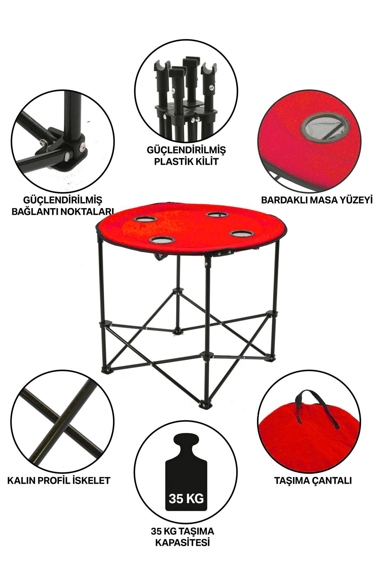 Exent 70 X 60 Cm Yuvarlak Katlanır Taşıma Çantalı Kamp Masası Piknik Masası-kırmızı