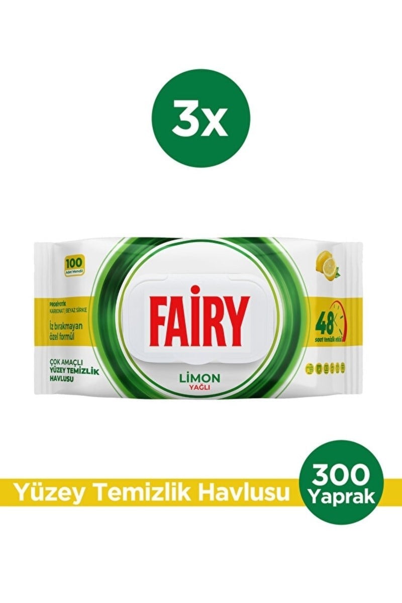 Fairy Çok Amaçlı Yüzey Temizleme Mendili 100 Yaprak 3 Adet | Limon Yağlı 