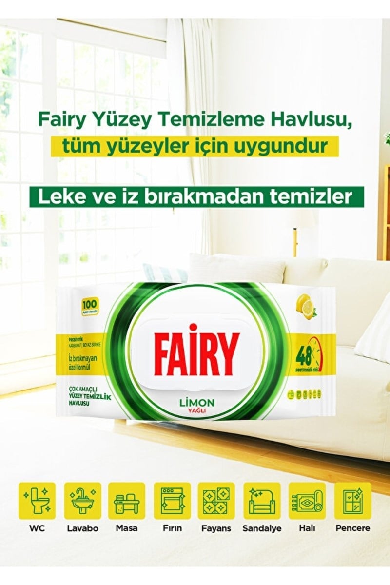Fairy Çok Amaçlı Yüzey Temizleme Mendili 100 Yaprak 3 Adet | Limon Yağlı 
