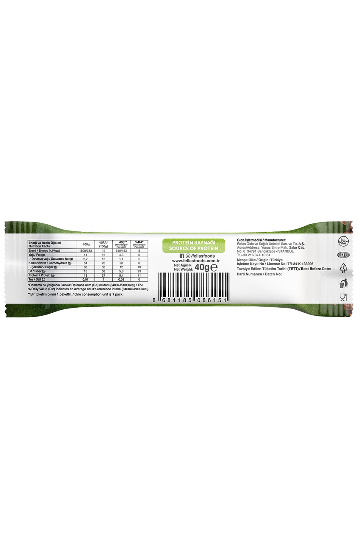 Fellas Meyve Bar - Antep Fıstıklı Ve Kakaolu 40 Gr X 12 Adet