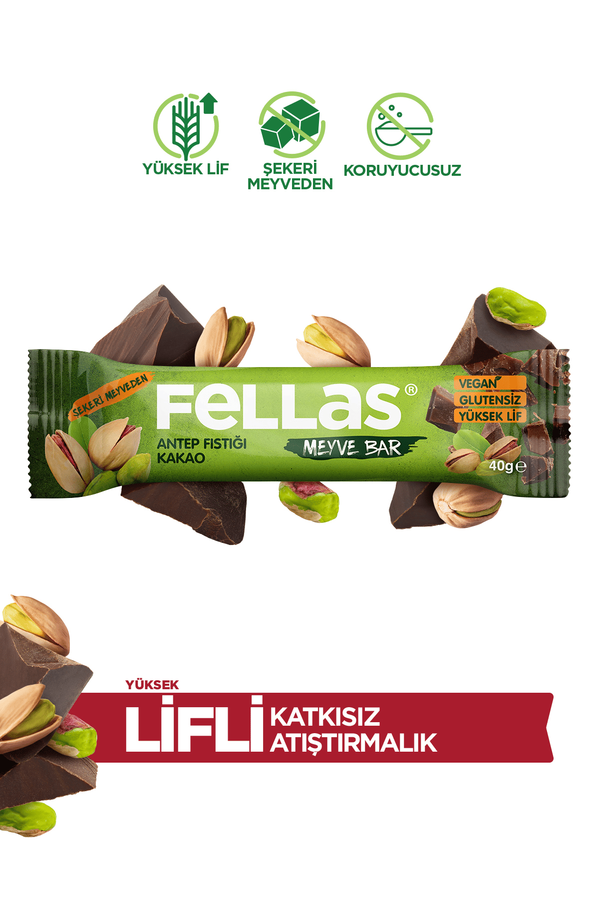 Fellas Meyve Bar - Antep Fıstıklı Ve Kakaolu 40 Gr X 12 Adet