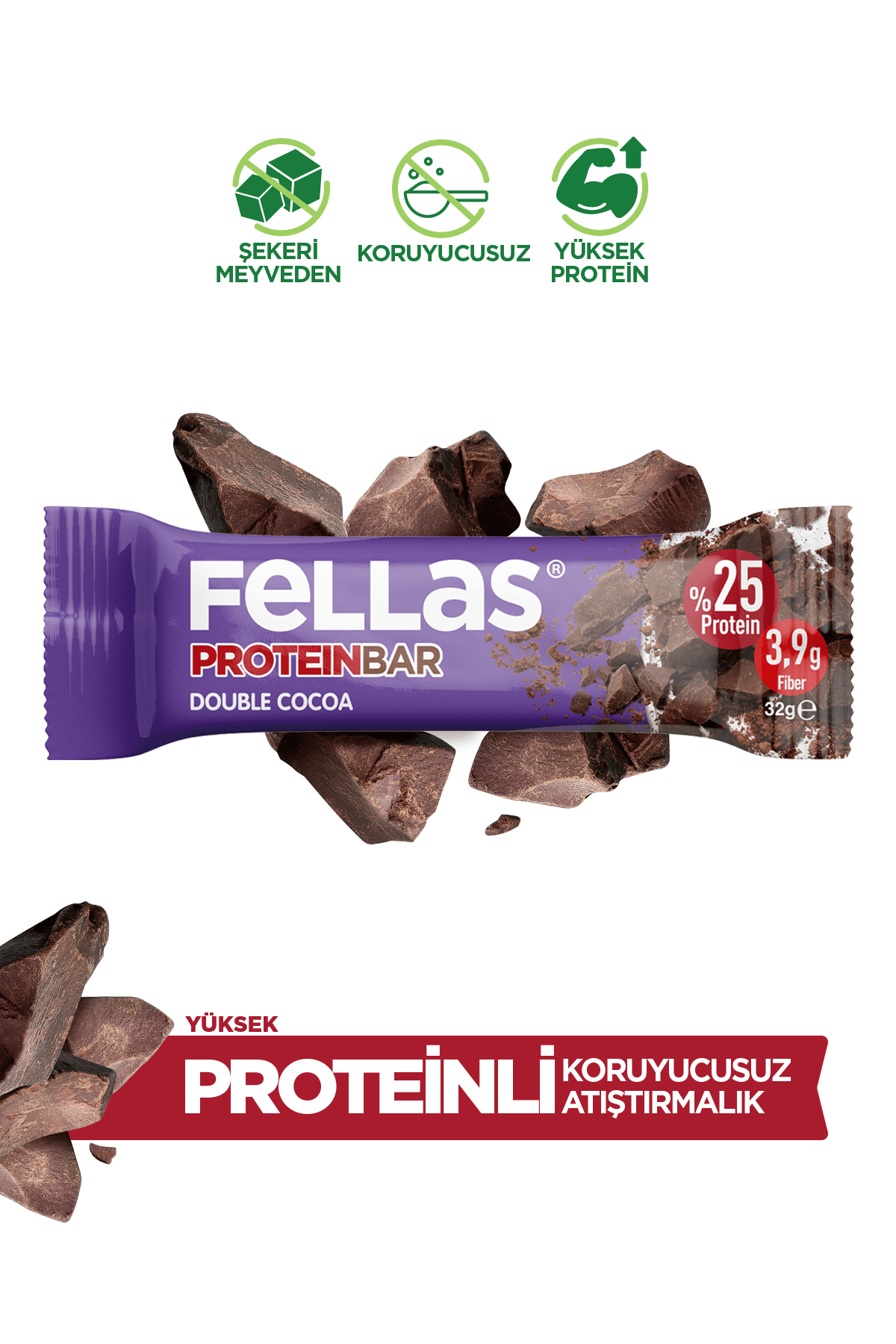 Fellas Protein Bar - Duble Kakaolu 32 gr x 12 Adet