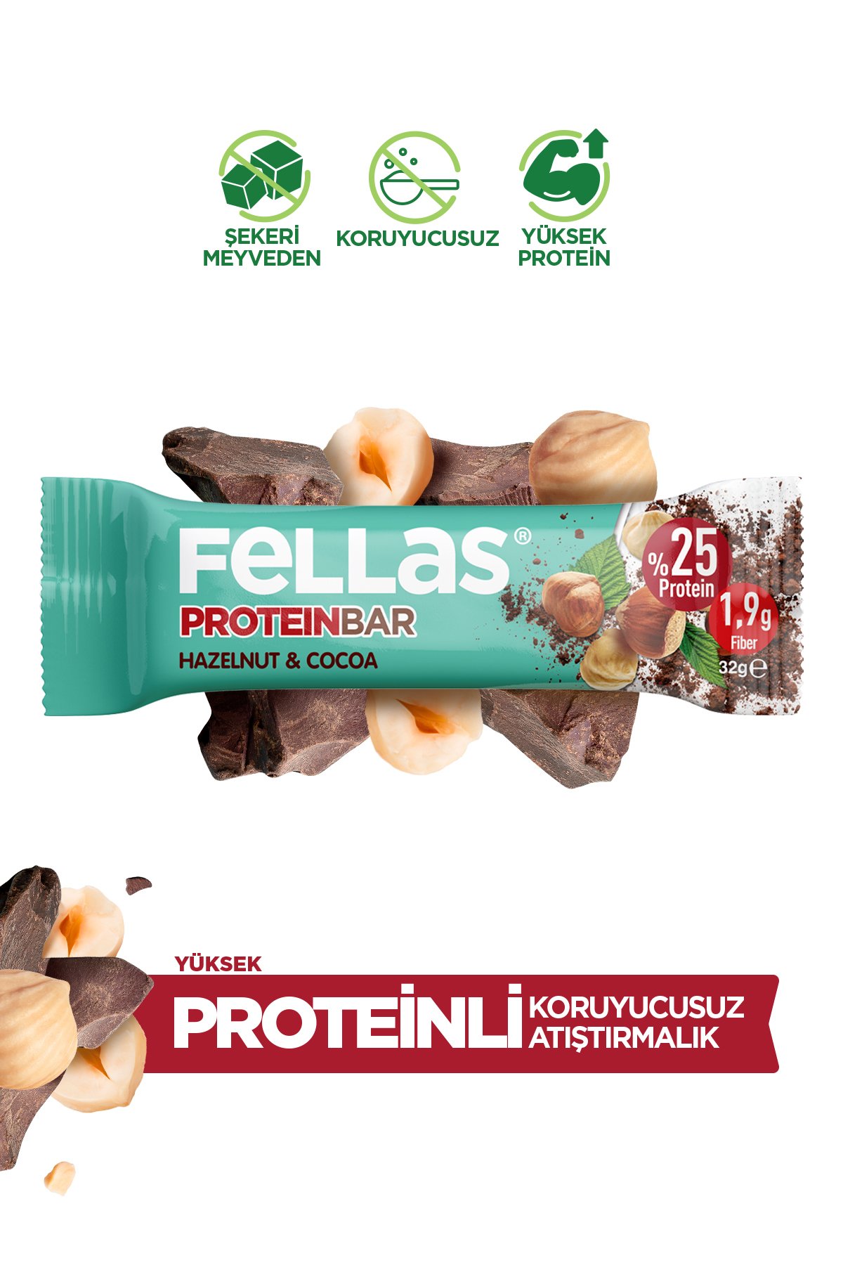 Fellas Protein Bar - Fındıklı ve Kakaolu 32 gr x 12 Adet