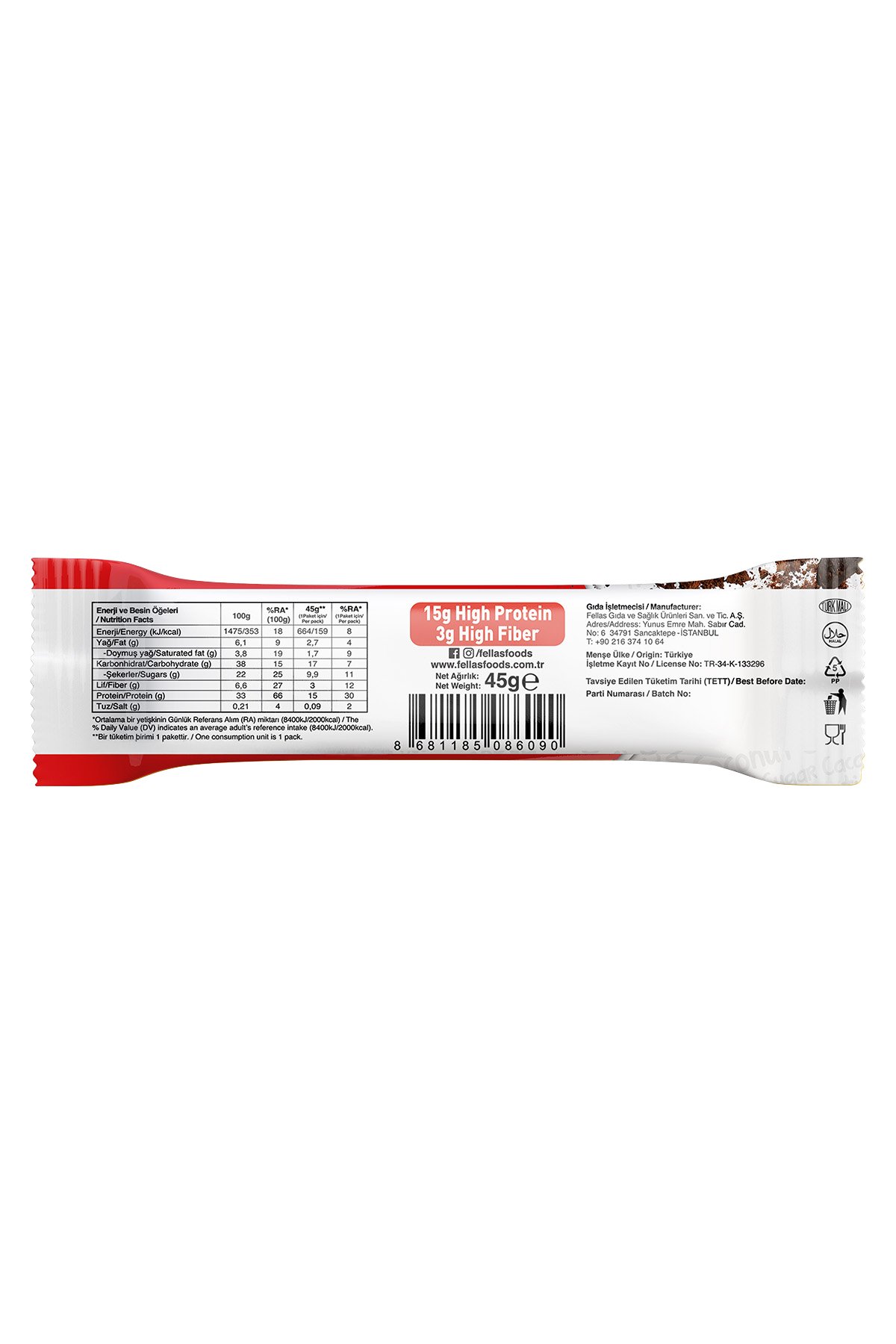Fellas Yüksek Protein Bar - Hindistan Cevizli ve Kakaolu 45 gr x 12 Adet
