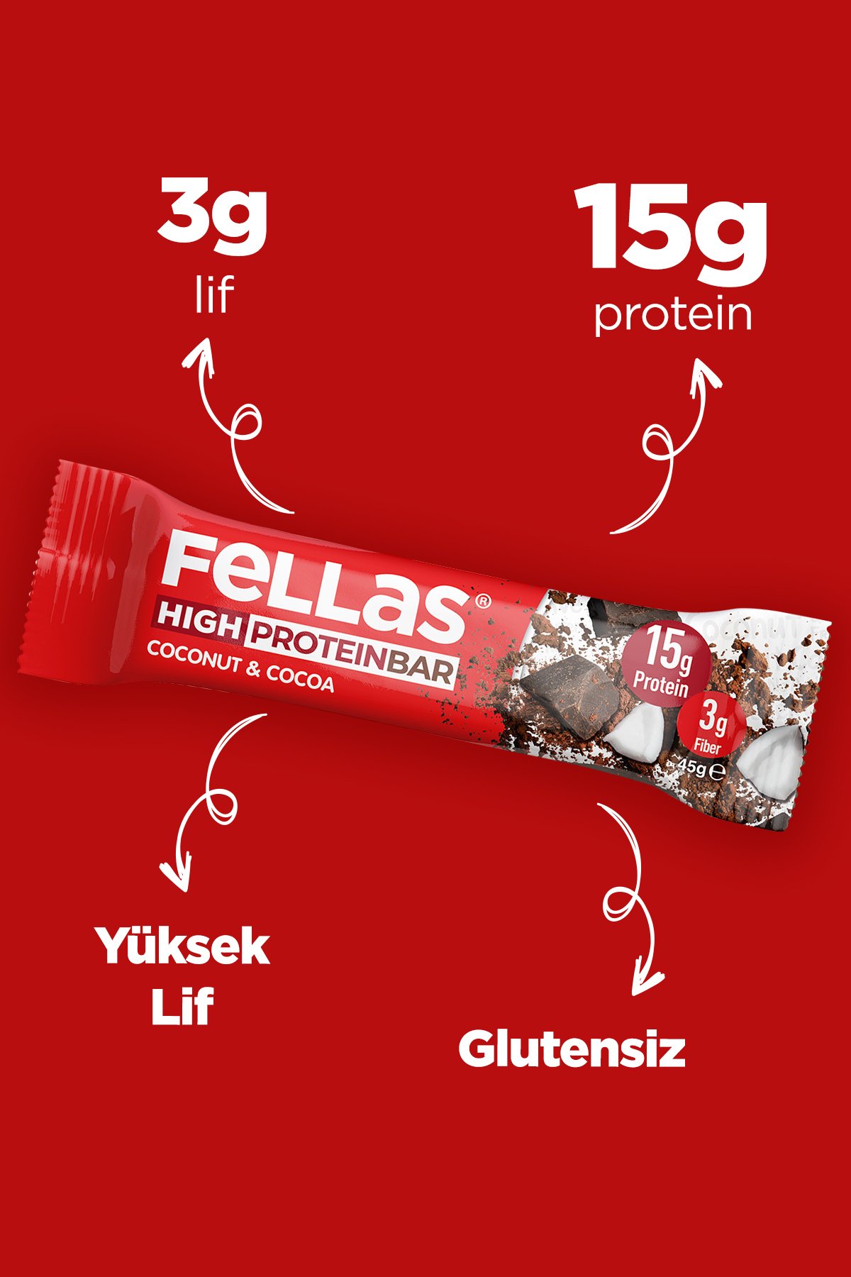 Fellas Yüksek Protein Bar - Hindistan Cevizli ve Kakaolu 45 gr x 12 Adet