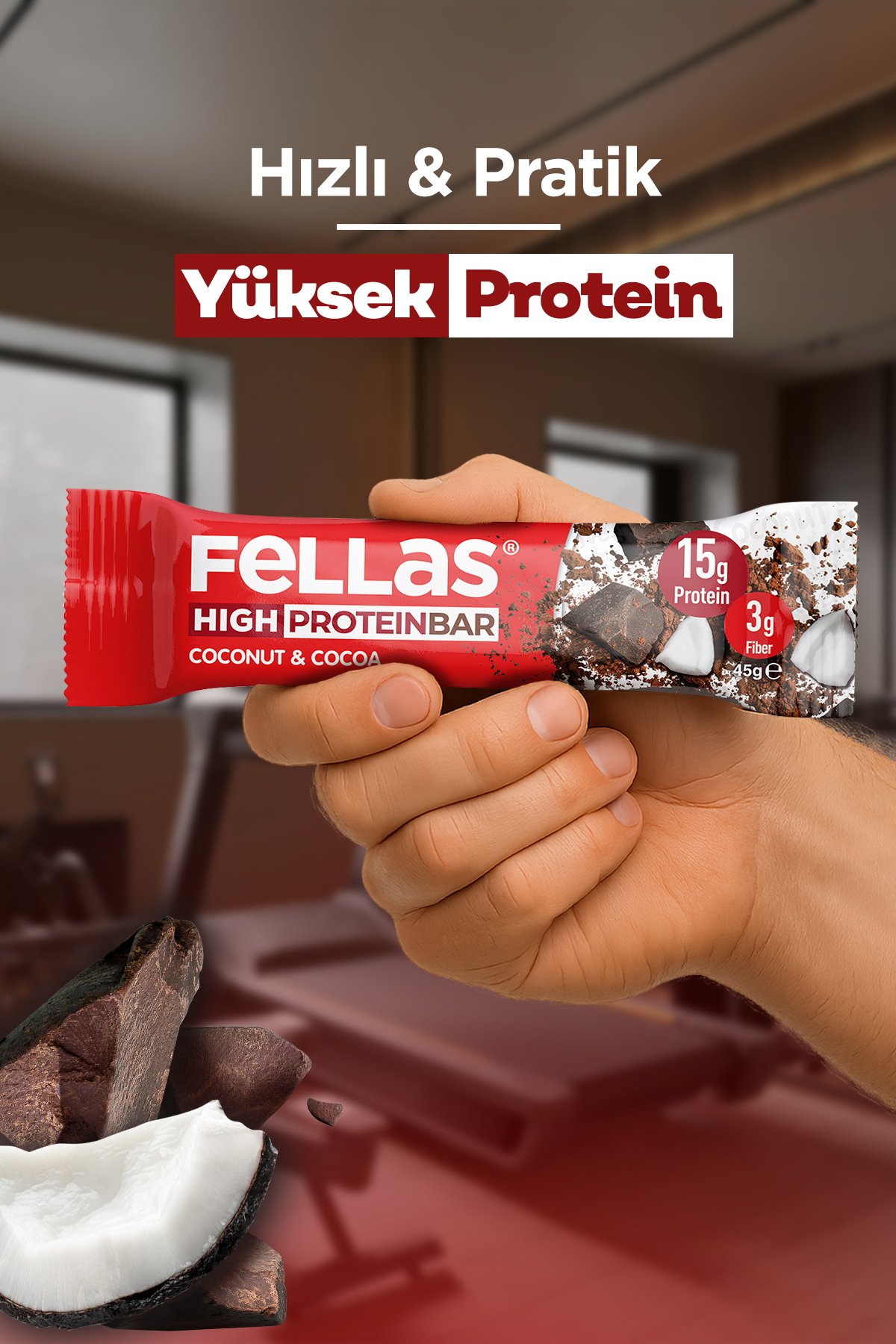Fellas Yüksek Protein Bar - Hindistan Cevizli ve Kakaolu 45 gr x 12 Adet
