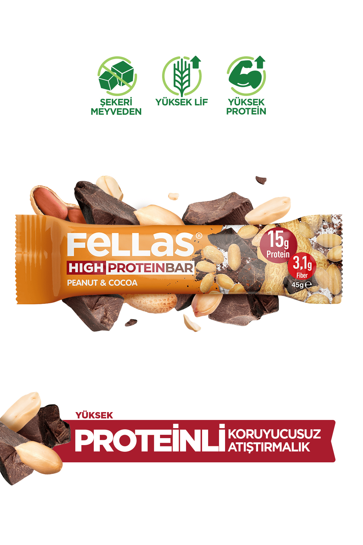 Fellas Yüksek Protein Bar - Yer Fıstıklı ve Kakaolu 45 gr x 12 Adet