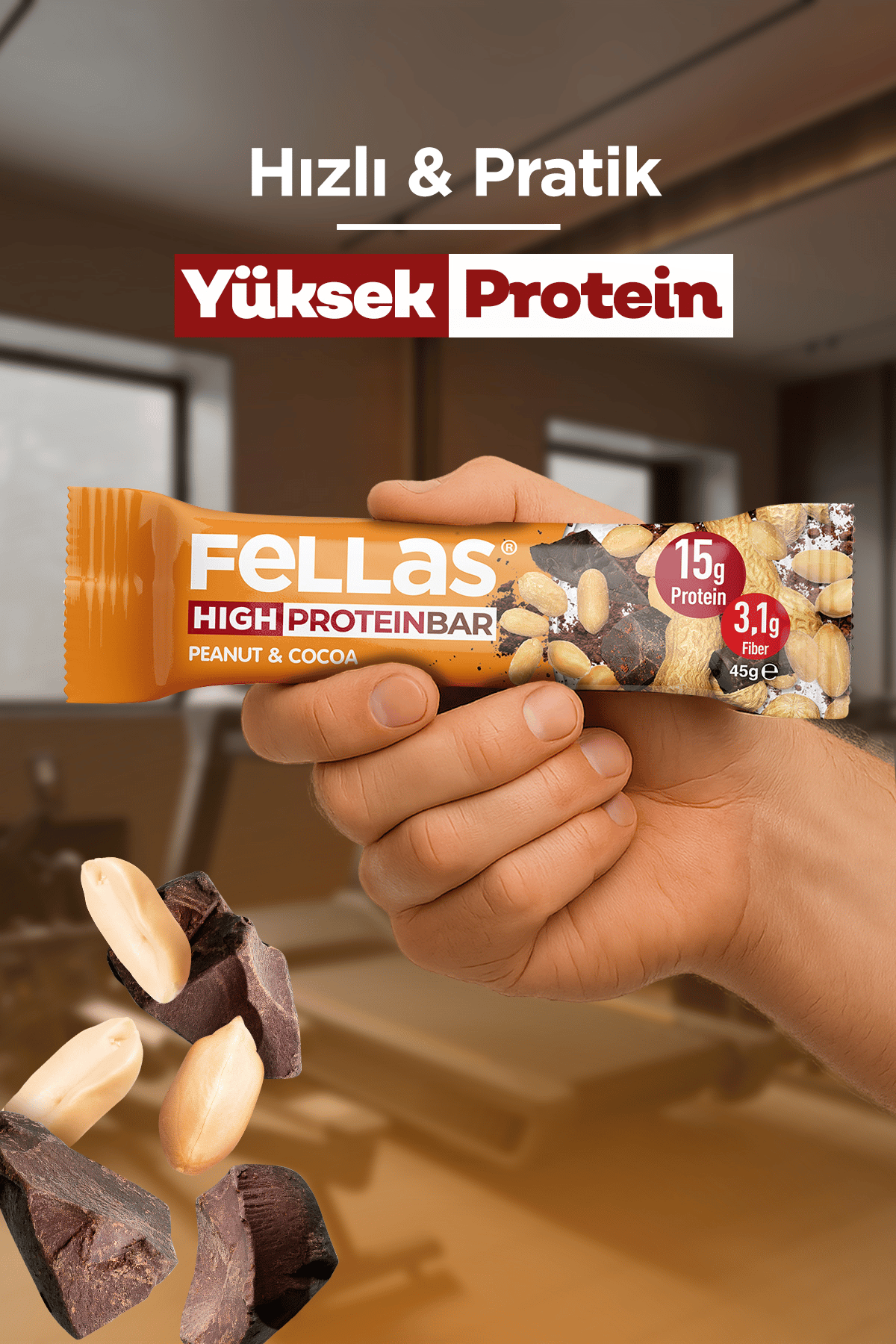 Fellas Yüksek Protein Bar - Yer Fıstıklı ve Kakaolu 45 gr x 12 Adet