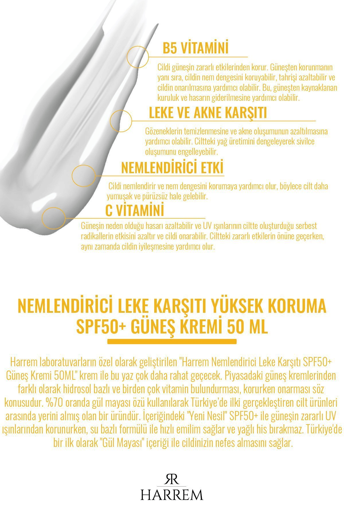 Harrem Leke Karşıtı Aydınlatıcı & Spf50 Yüksek Koruma, Gül Mayası Özlü, Nemlendirici Güneş Kremi 50ml