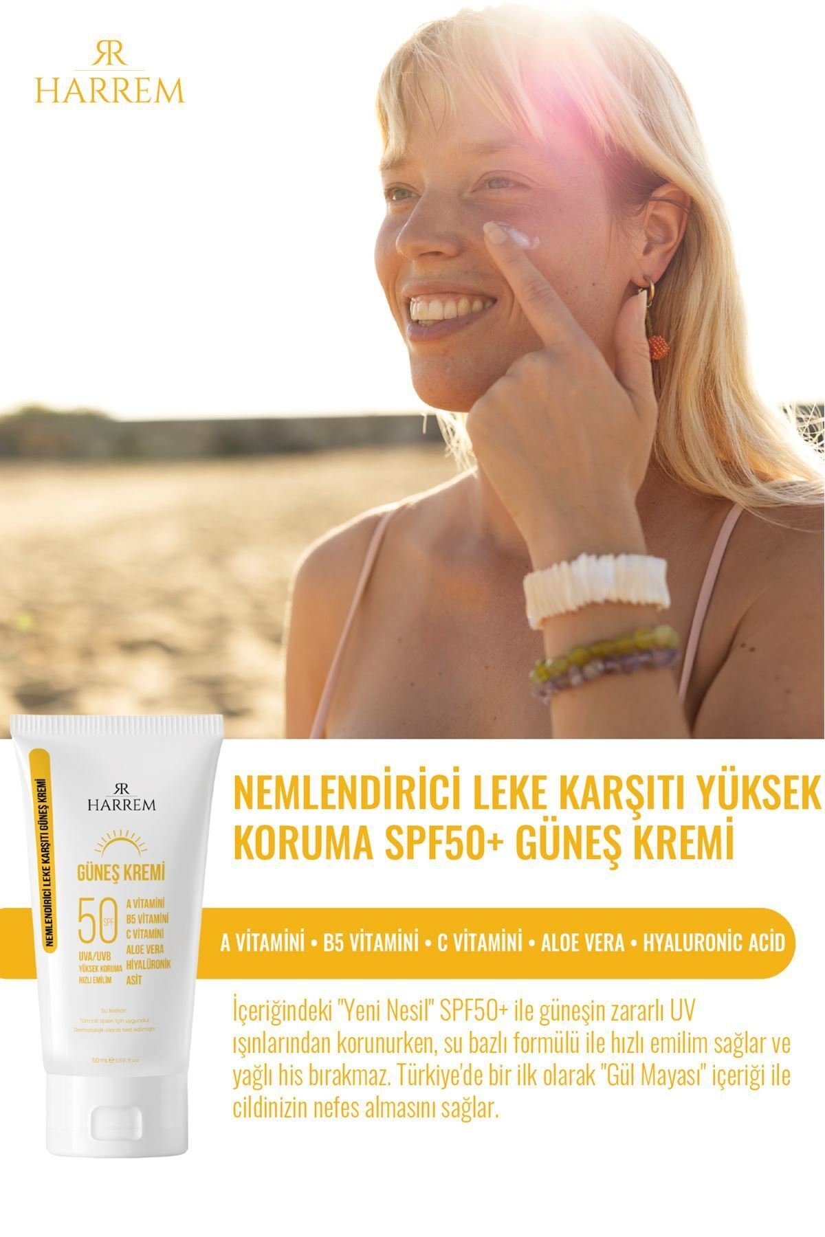 Harrem Leke Karşıtı Aydınlatıcı & Spf50 Yüksek Koruma, Gül Mayası Özlü, Nemlendirici Güneş Kremi 50ml