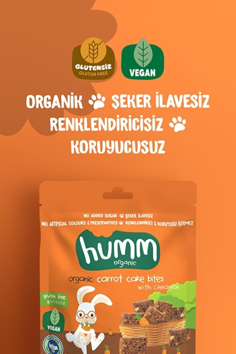 Humm Organic Organik Glutensiz Vegan Havuçlu ve Tarçınlı Kek Atıştırmalık Paketi - 6 adet
