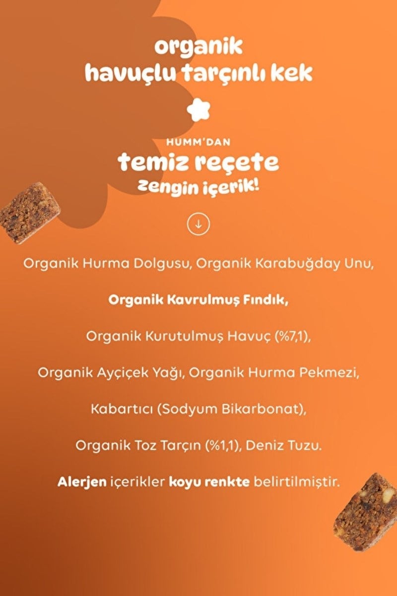 Humm Organic Organik Glutensiz Vegan Havuçlu ve Tarçınlı Kek Atıştırmalık Paketi - 3 adet