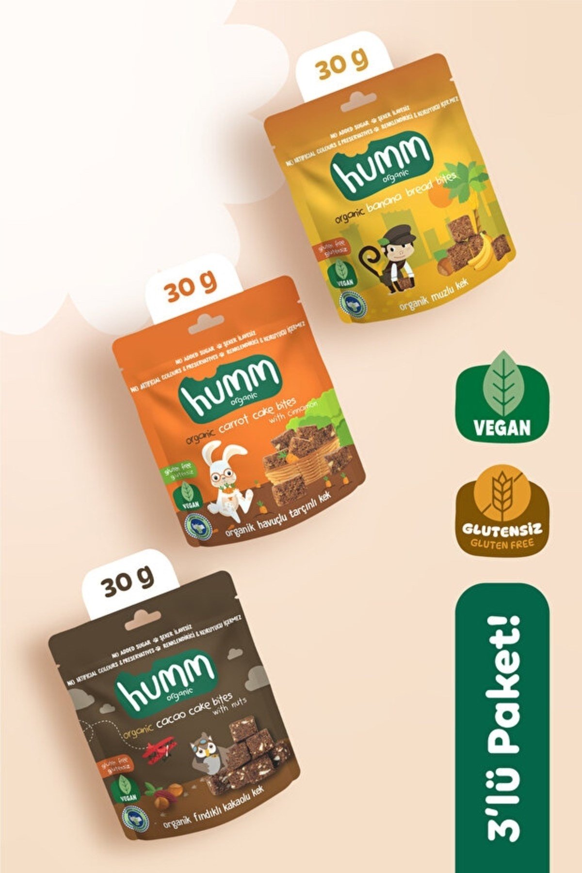 Humm Organic Organik Glutensiz Vegan Kek Atıştırmalık Paketi - 3 Adet (3 ÇEŞİT)