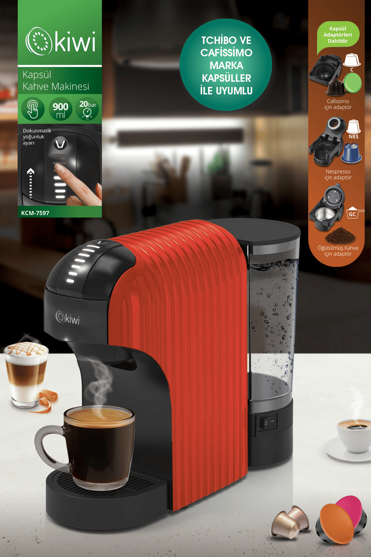 Kiwi Kcm-7597 Multikapsül Kahve Makinesi Kırmızı Nespresso/ Dolce Gusto/ Toz Kahve ile Uyumlu