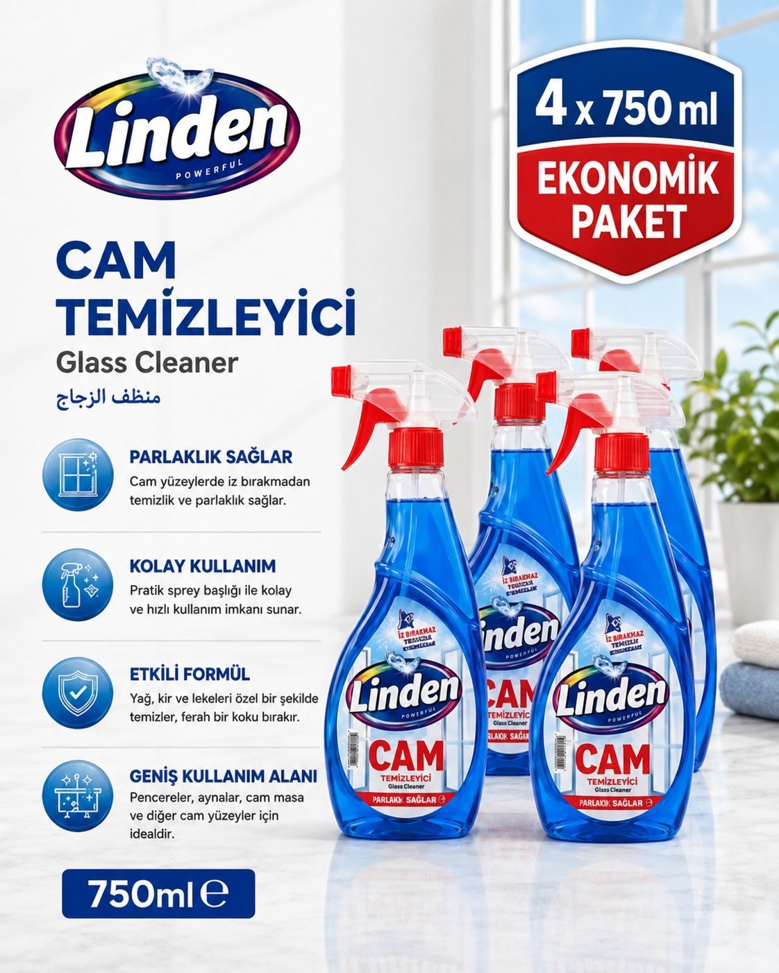 Linden Cam Yüzey Temizleyici 750 ml  Sprey x4 Adet