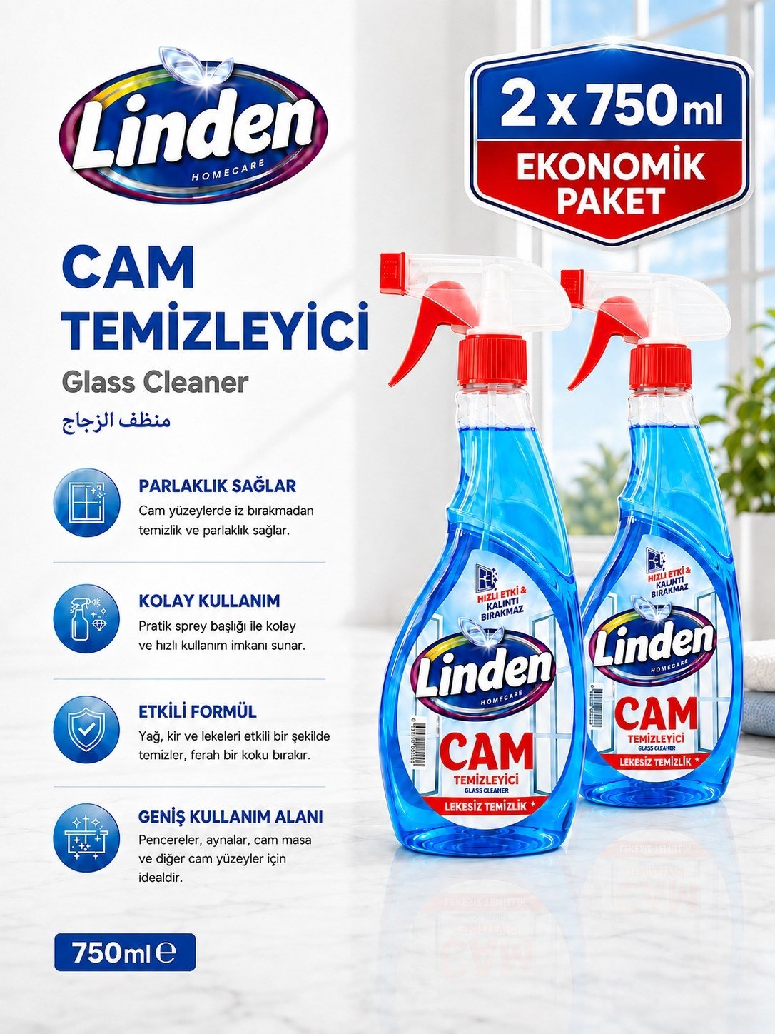 Linden Cam Yüzey Temizleyici 750 ml  Sprey x2 Adet