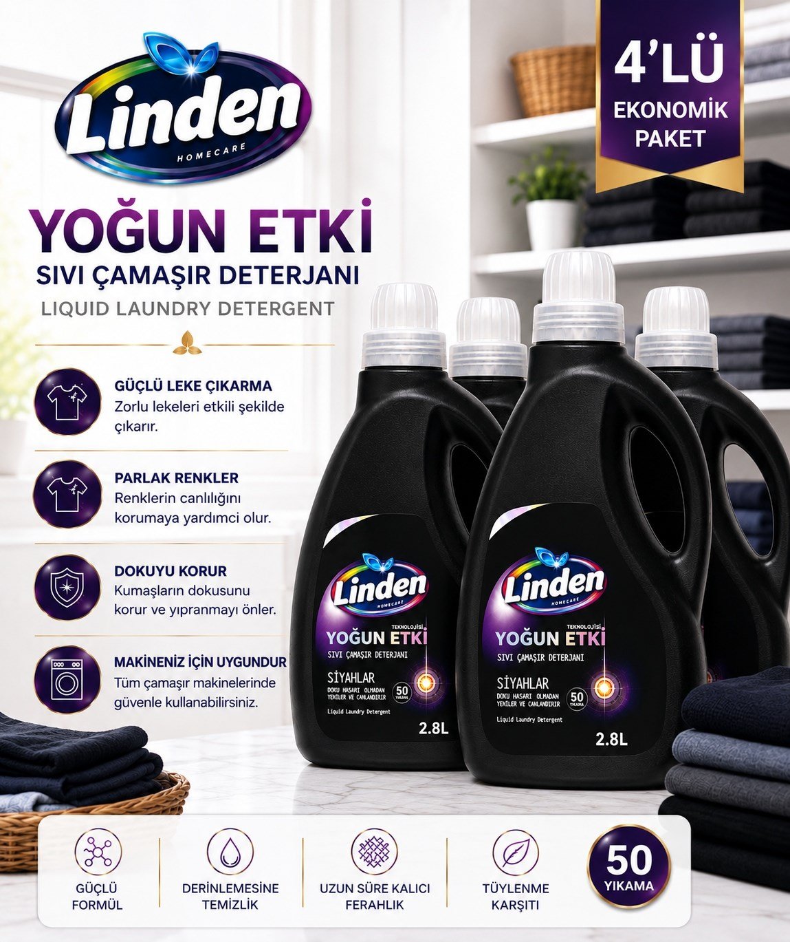 Linden Sıvı Çamaşır Deterjanı Siyahlar 2800 ml x4 Adet
