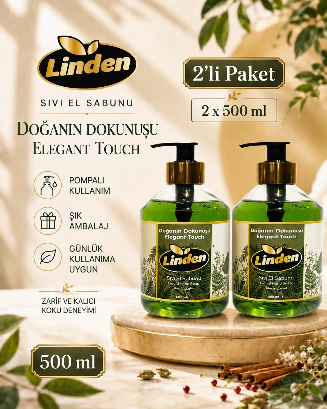 Linden Sıvı El Sabunu Doğanın Dokunuşu 500 ml Elegant Touch x2 Adet
