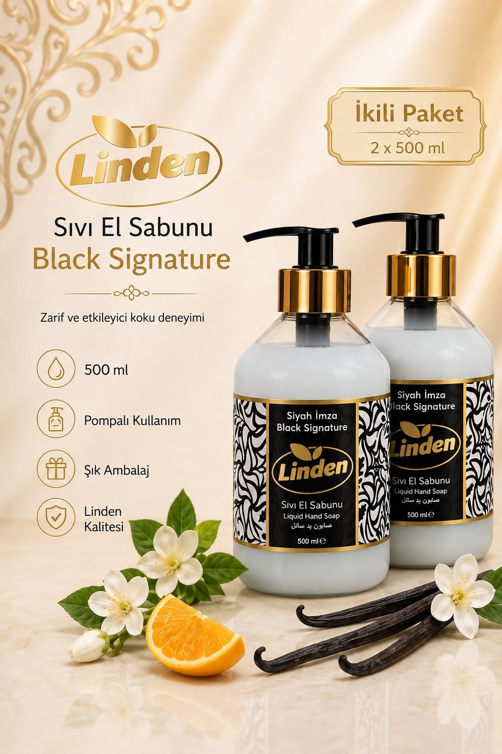 Linden Sıvı El Sabunu Siyah İmza 500 ml Black Signature x2 Adet