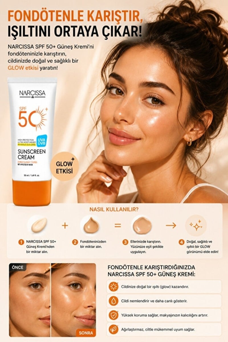 Narcissa Yüksek Koruyucu, Leke Karşıtı Yüz Güneş Kremi 50 SPF+ Waterproof UVA + UVB 50 ML