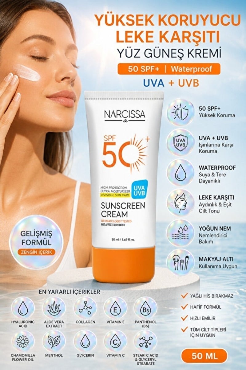Narcissa Yüksek Koruyucu, Leke Karşıtı Yüz Güneş Kremi 50 SPF+ Waterproof UVA + UVB 50 ML
