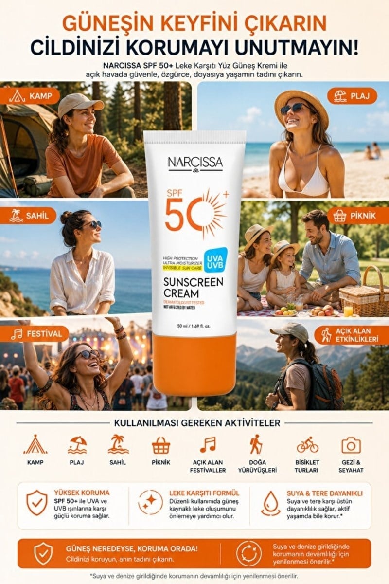 Narcissa Yüksek Koruyucu, Leke Karşıtı Yüz Güneş Kremi 50 SPF+ Waterproof UVA + UVB 50 ML