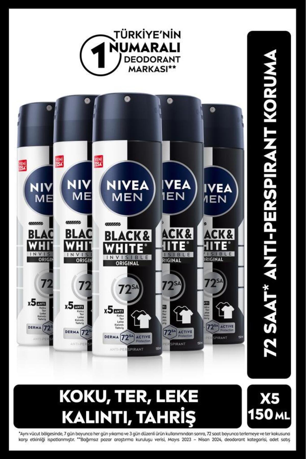 Nıvea Erkek Deodorant  Invisible Black&white Power Sprey 150 ml x5 Adet