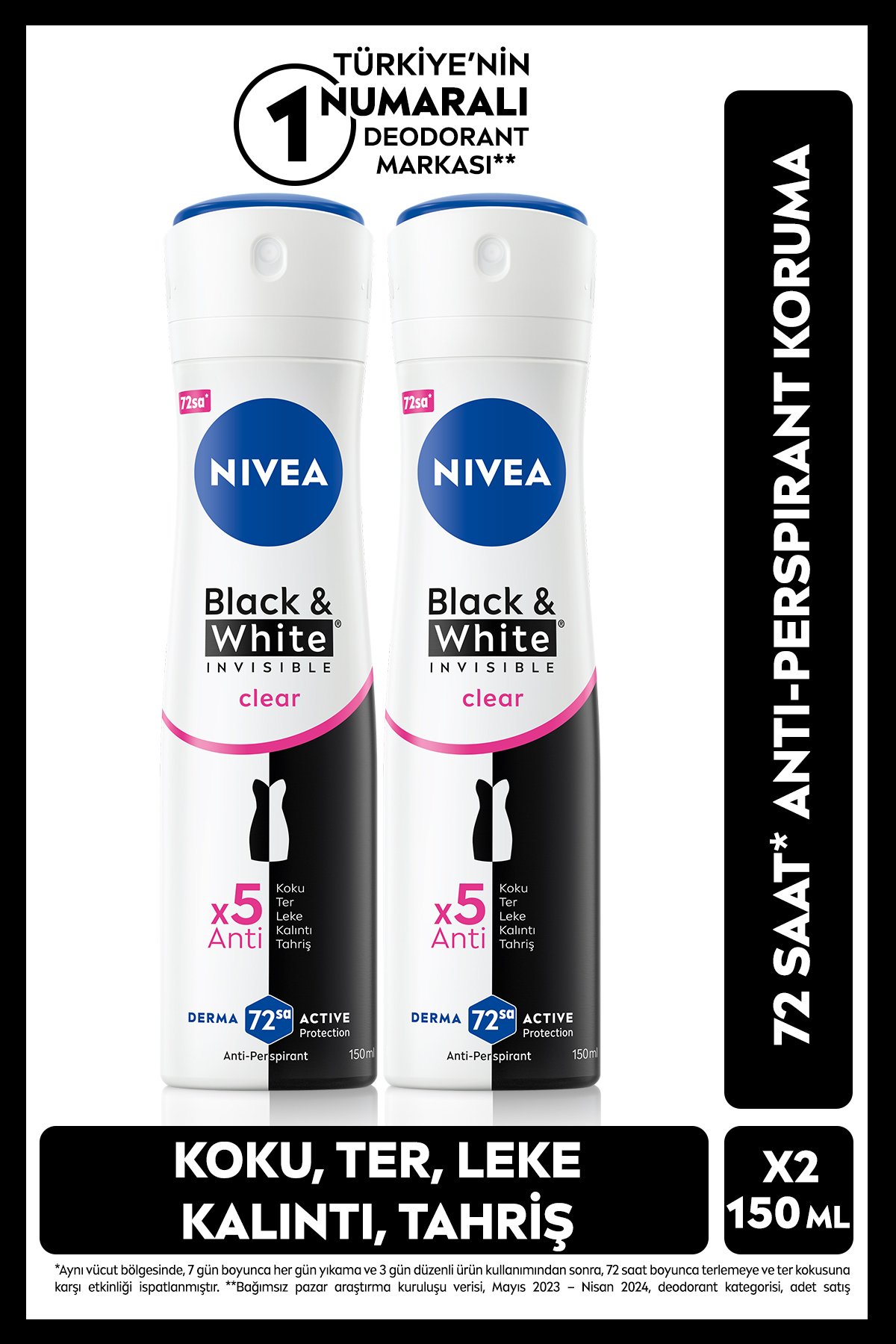 Nıvea Kadın Sprey Deodorant Black&White Invisible Clear 150ml, 72 Saat Anti-perspirant Ter Koruma, X2 Adet